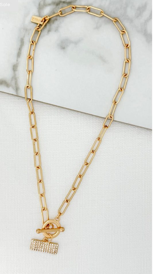 Envy 4005/GD/N/H
Short gold chain link necklace with T-bar fastening and a diamante bar pendant
