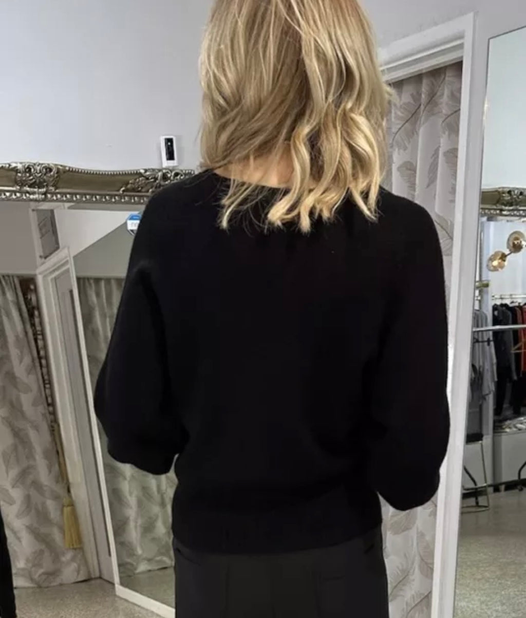 Alpini Fitted Knit Cardigan With Balloon Sleeves in Black One Size