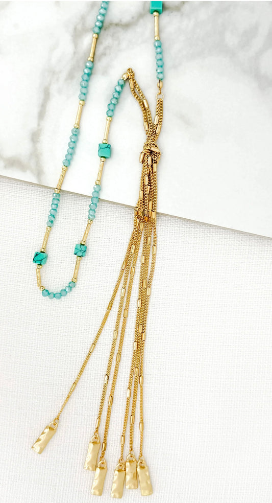 Envy 4320 Long gold and turquoise bead necklace with a gold tassel