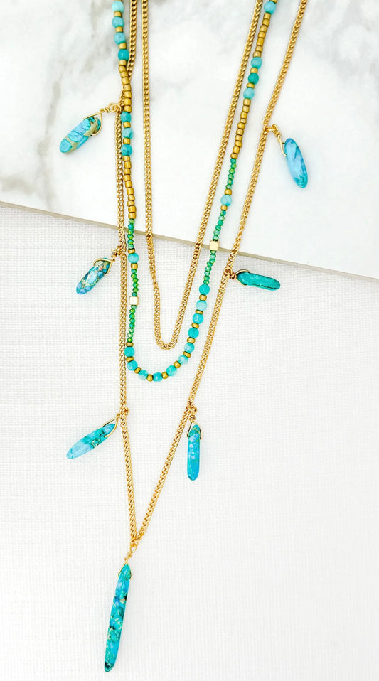 Envy 4305 Long gold multi layer necklace with turquoise beads