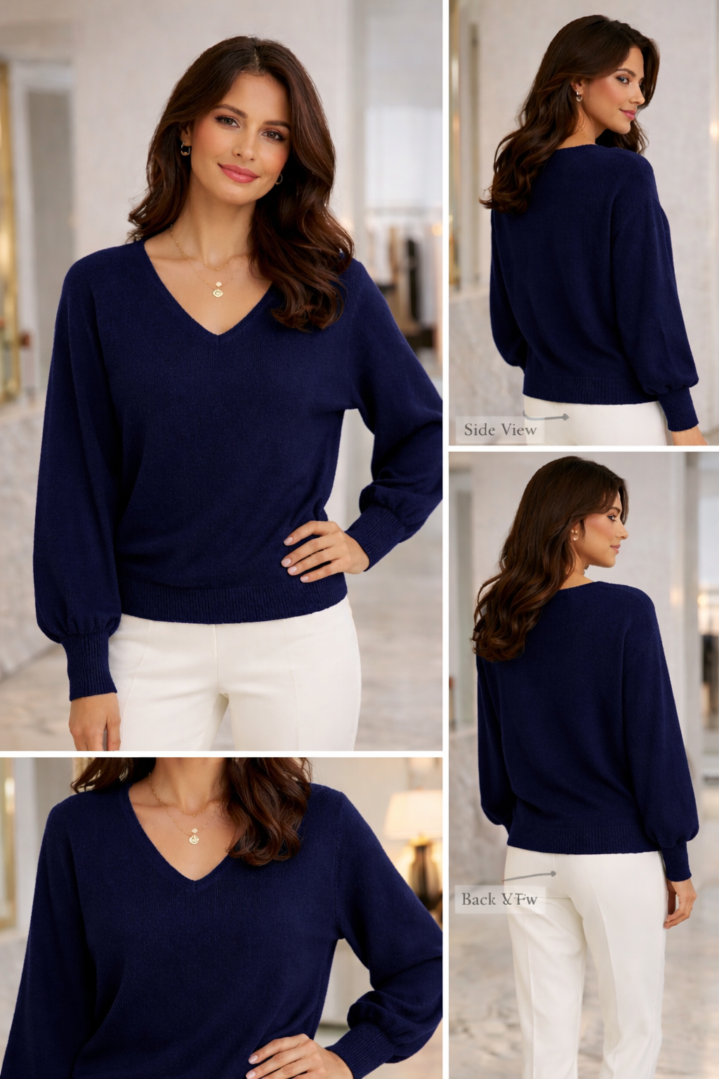 Alpini Navy Blue V-Neck Balloon Sleeve Sweater – Made in Italy - One Size