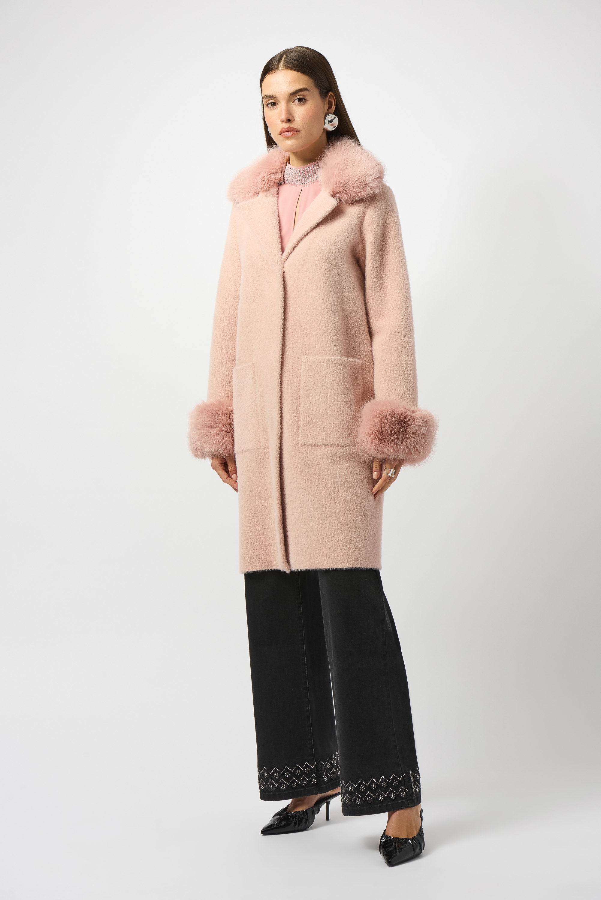 Joseph Ribkoff Feather Yarn and Faux Fur Sweater Coat
243923F25 in Rose