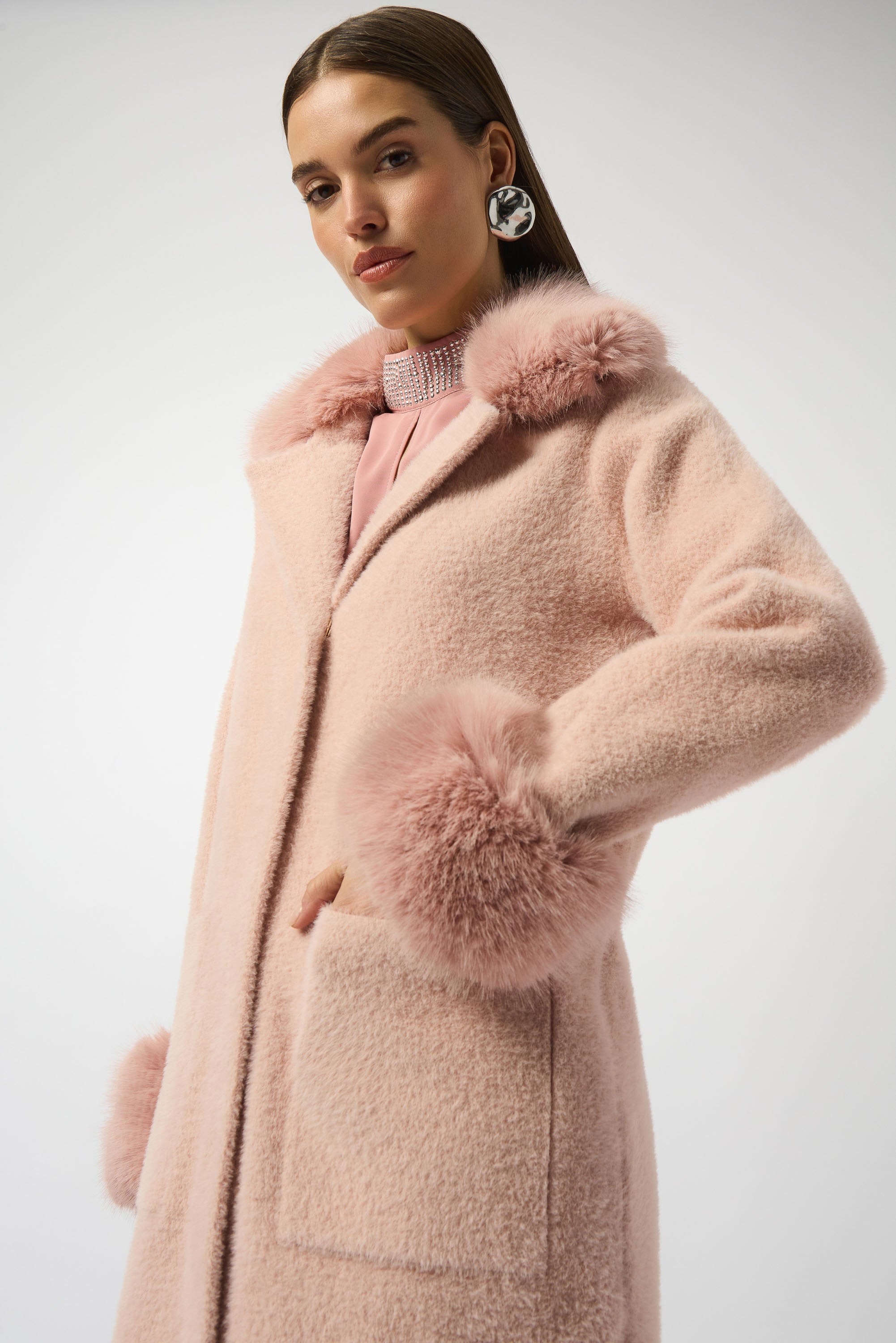 Joseph Ribkoff Feather Yarn and Faux Fur Sweater Coat
243923F25 in Rose