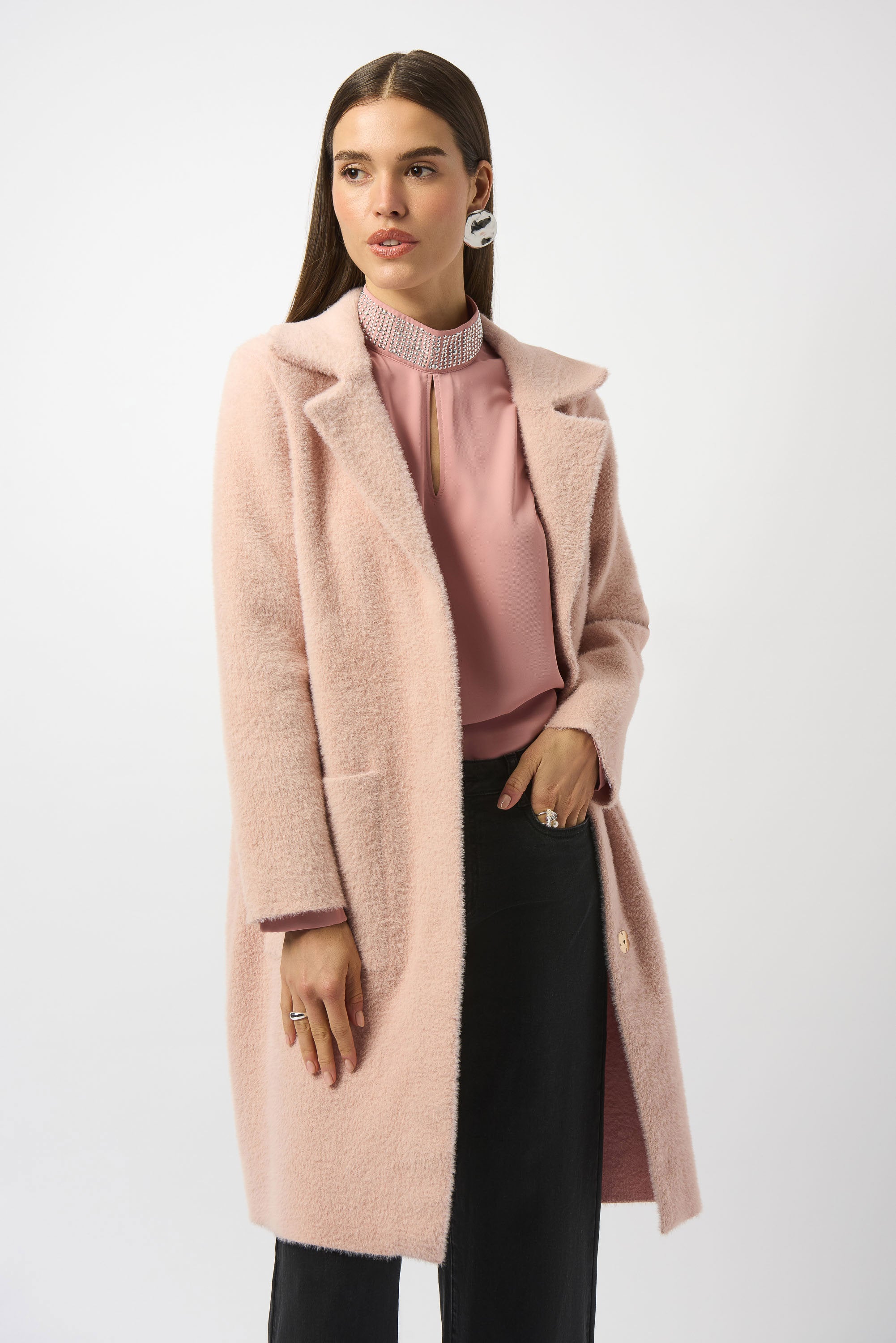 Joseph Ribkoff Feather Yarn and Faux Fur Sweater Coat
243923F25 in Rose