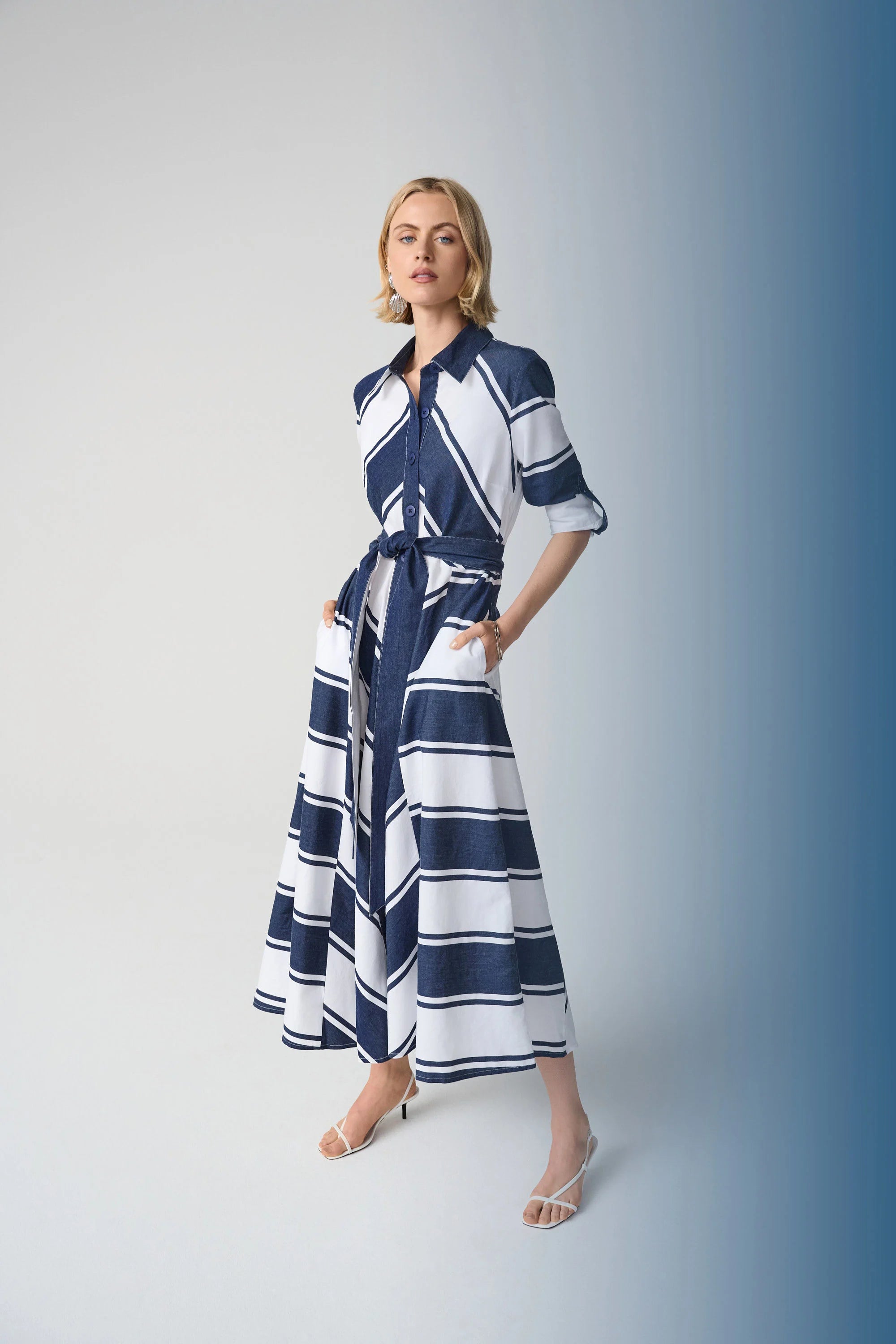 Cotton Stripe Print Fit and Flare Shirt Dress with Reversible Sash
261936