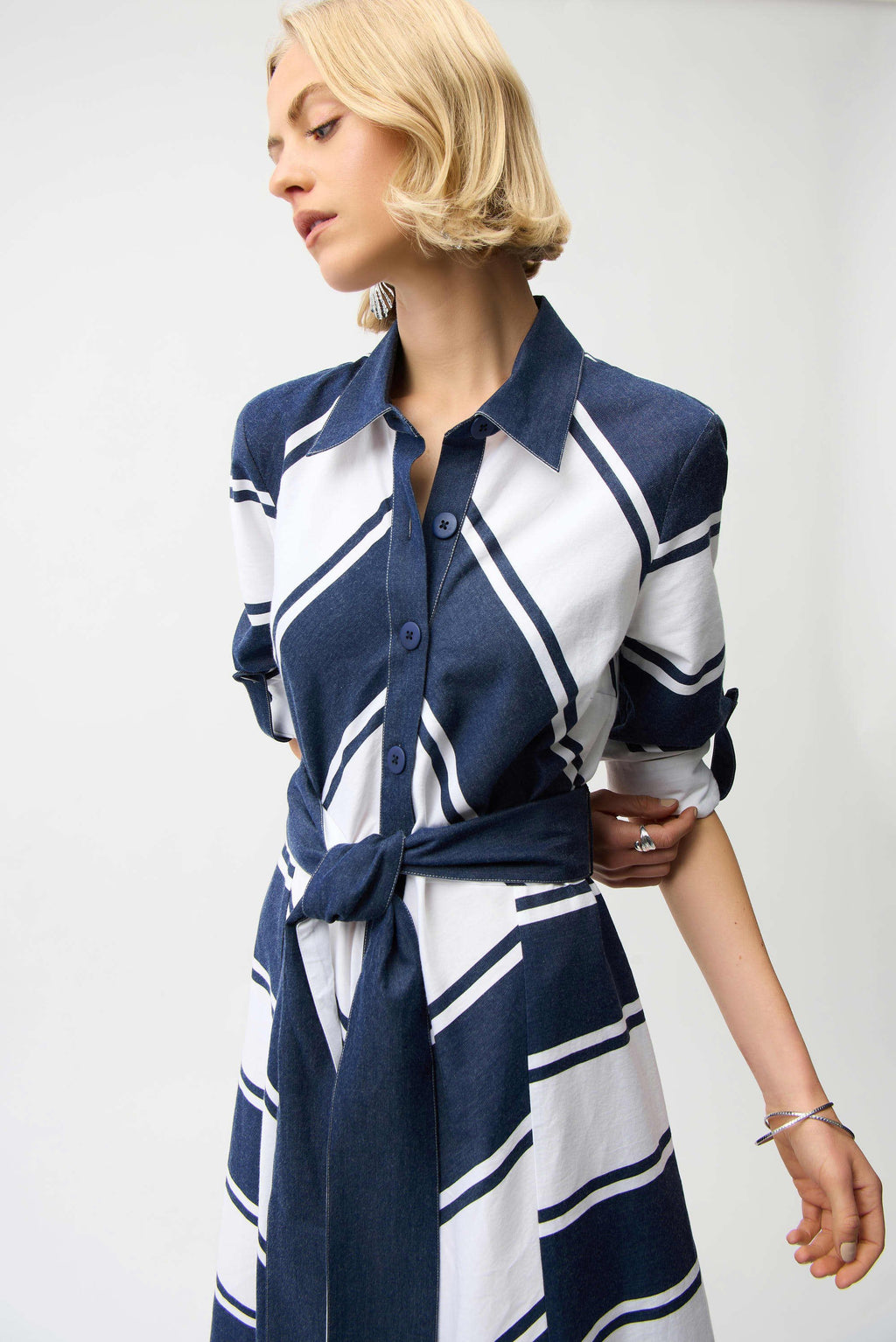 Cotton Stripe Print Fit and Flare Shirt Dress with Reversible Sash
261936