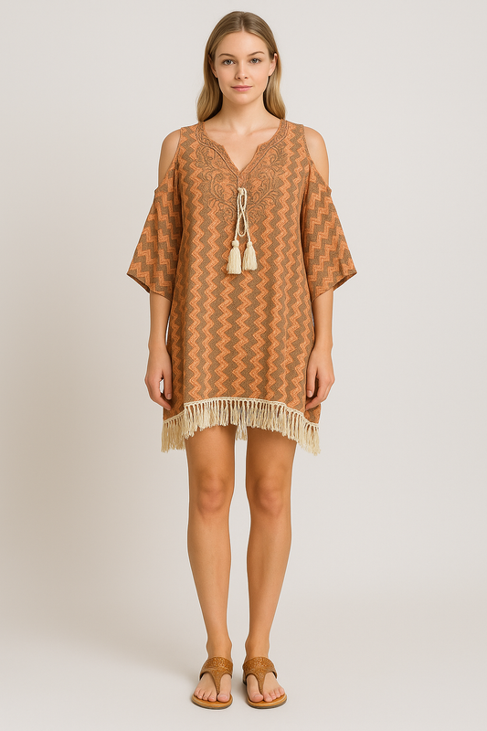 Foreva Young Boho Zig-Zag Pattern Tunic – Chic Cold Shoulder Kaftan with Tassel Hem