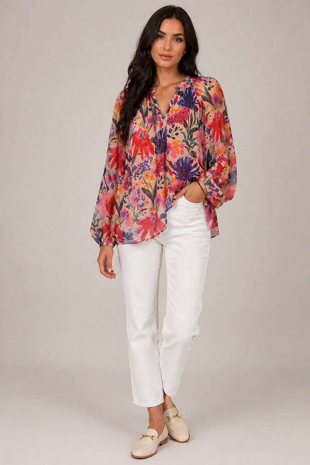 Malissa J Floral Sheer Blouse – Cobalt Multi Print - One Size