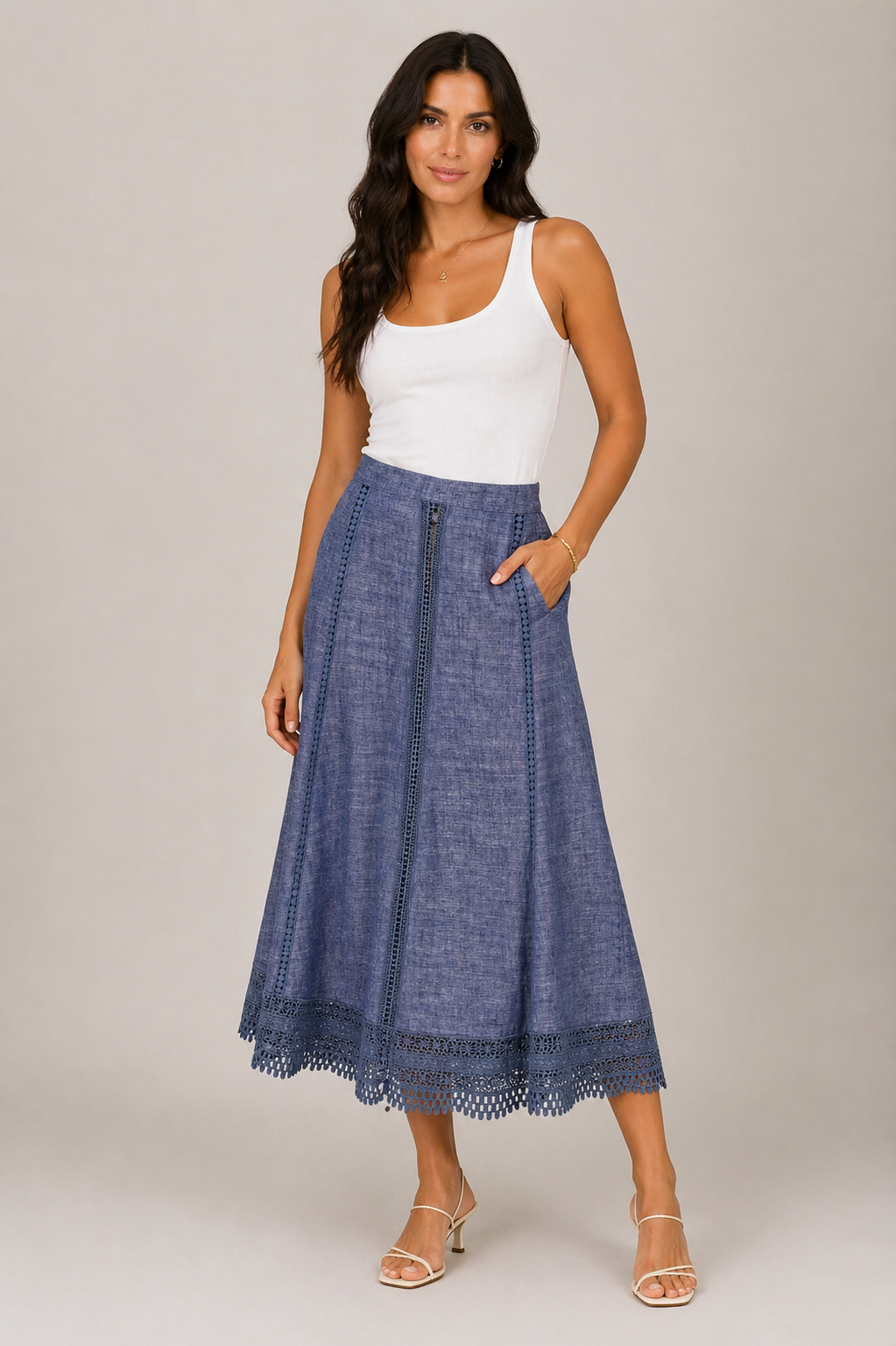 Arggido Lace Trim Midi Skirt – Style 49531 | Denim & Off White