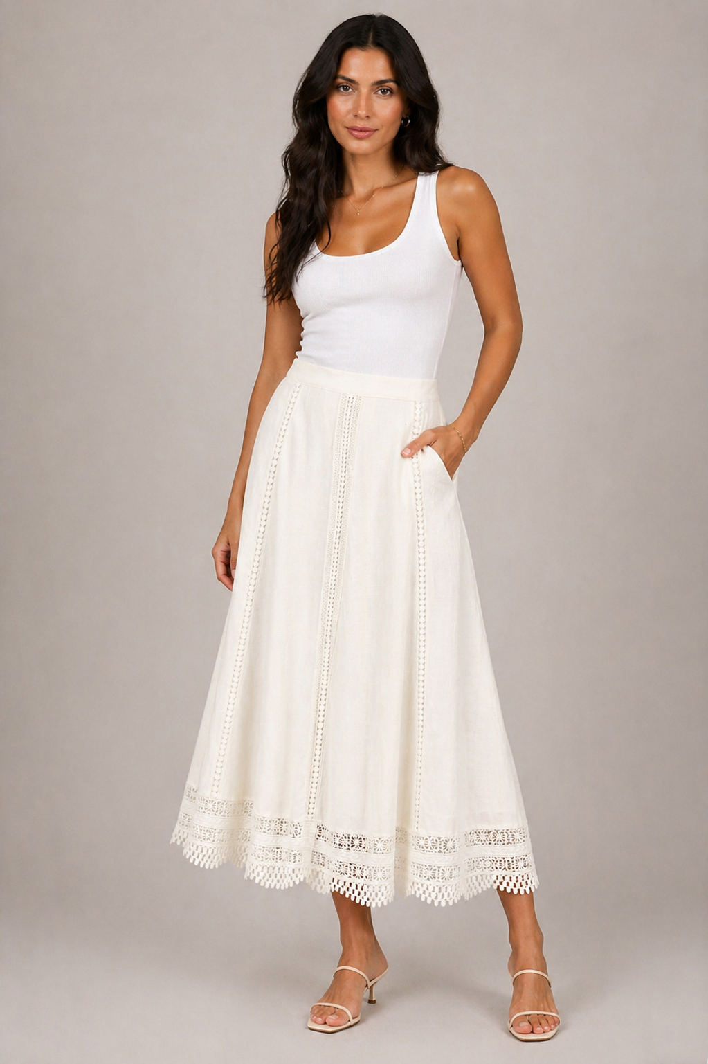 Arggido Lace Trim Midi Skirt – Style 49531 | Denim & Off White