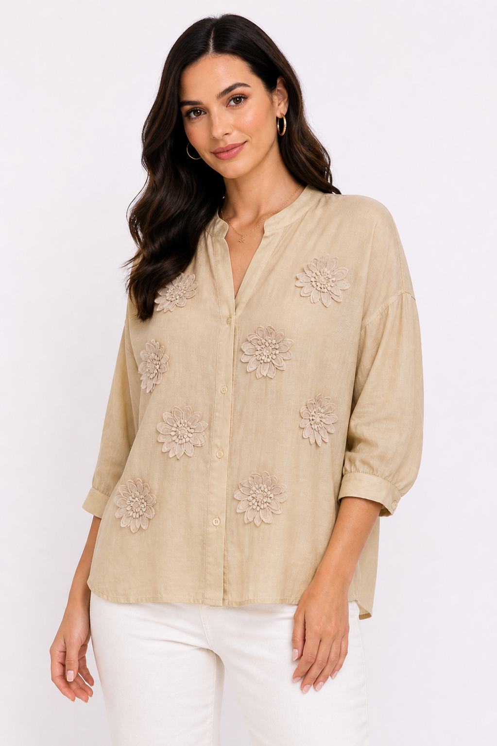 Malissa J Appliqué Flower Shirt – Beige | One Size