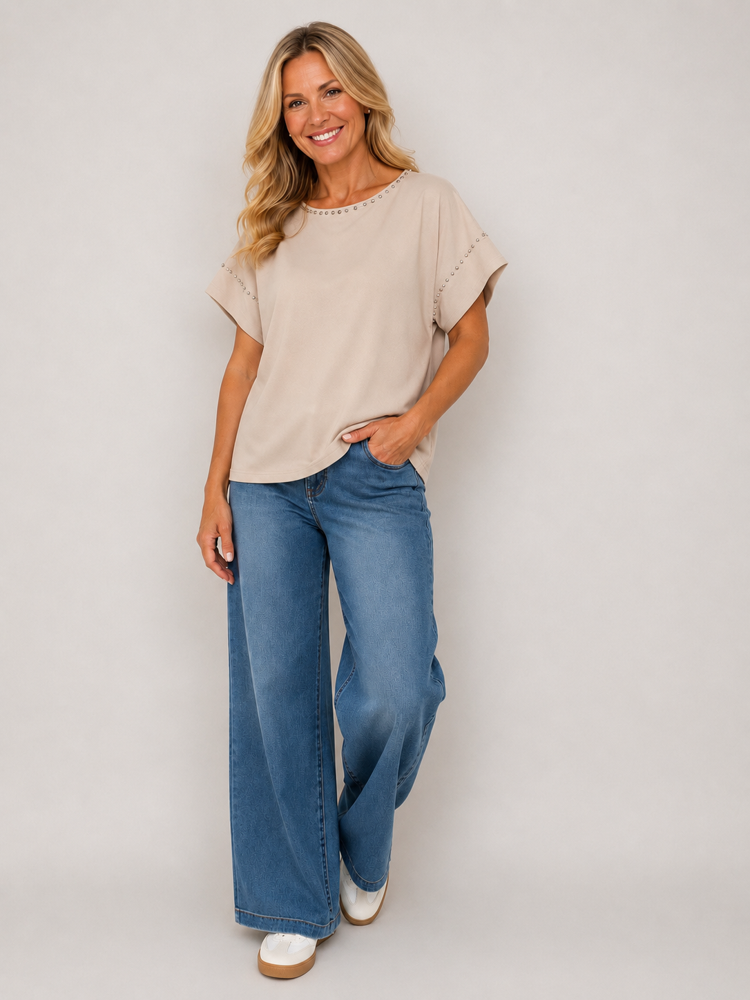 Malissa J Crystal Studded Luxe Tee – Beige | One Size
