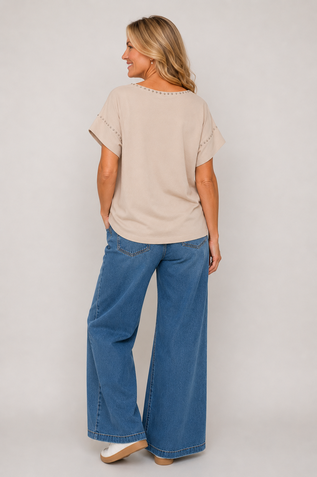 Malissa J Crystal Studded Luxe Tee – Beige | One Size