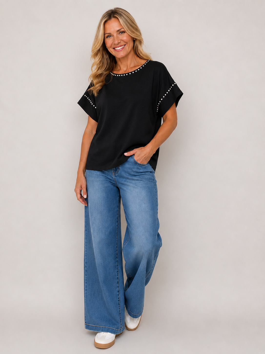 Malissa J Crystal Studded Luxe Tee – Black | One Size