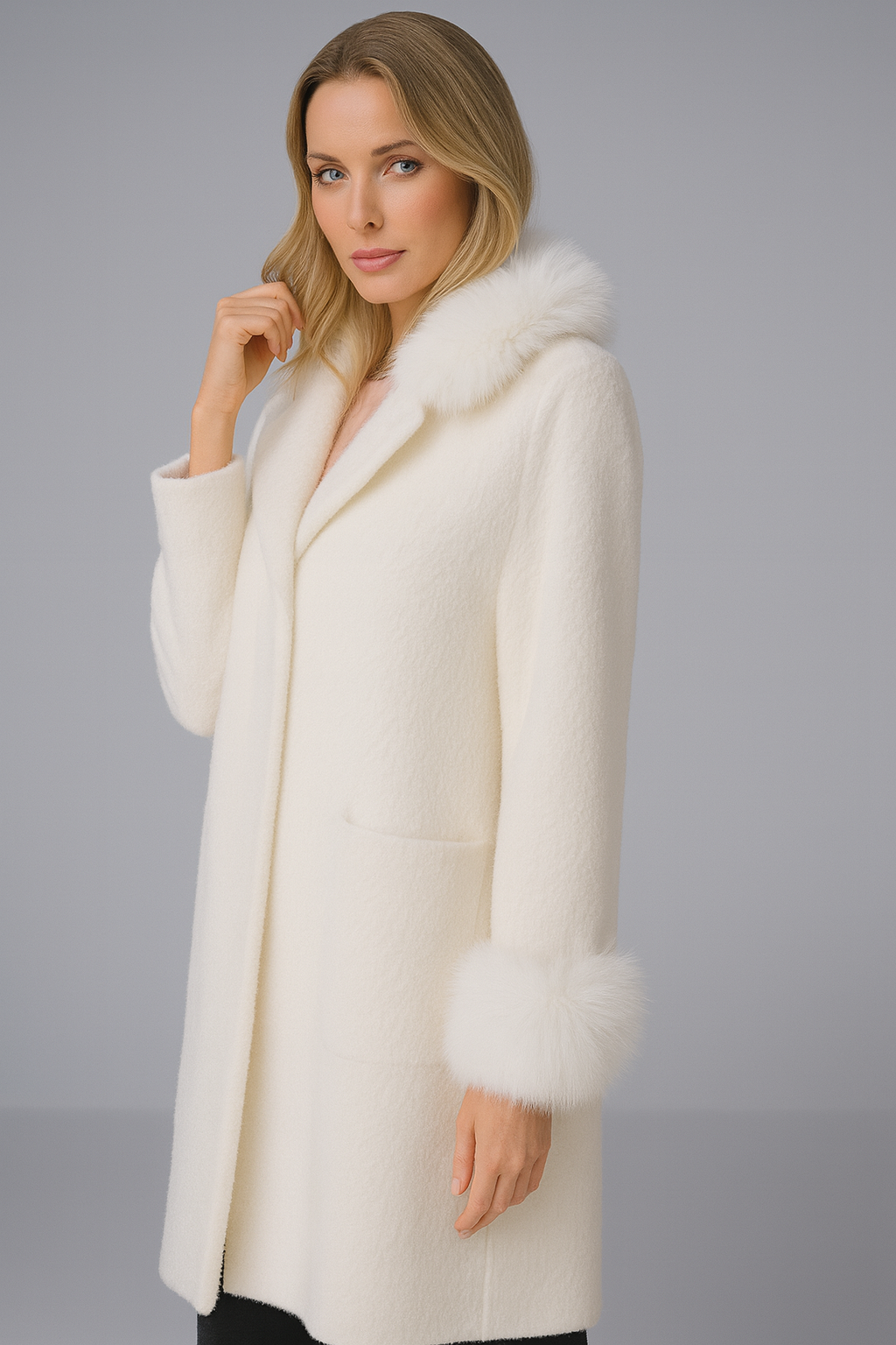 Joseph Ribkoff Feather Yarn and Faux Fur Sweater Coat
243923F25 in Winter White