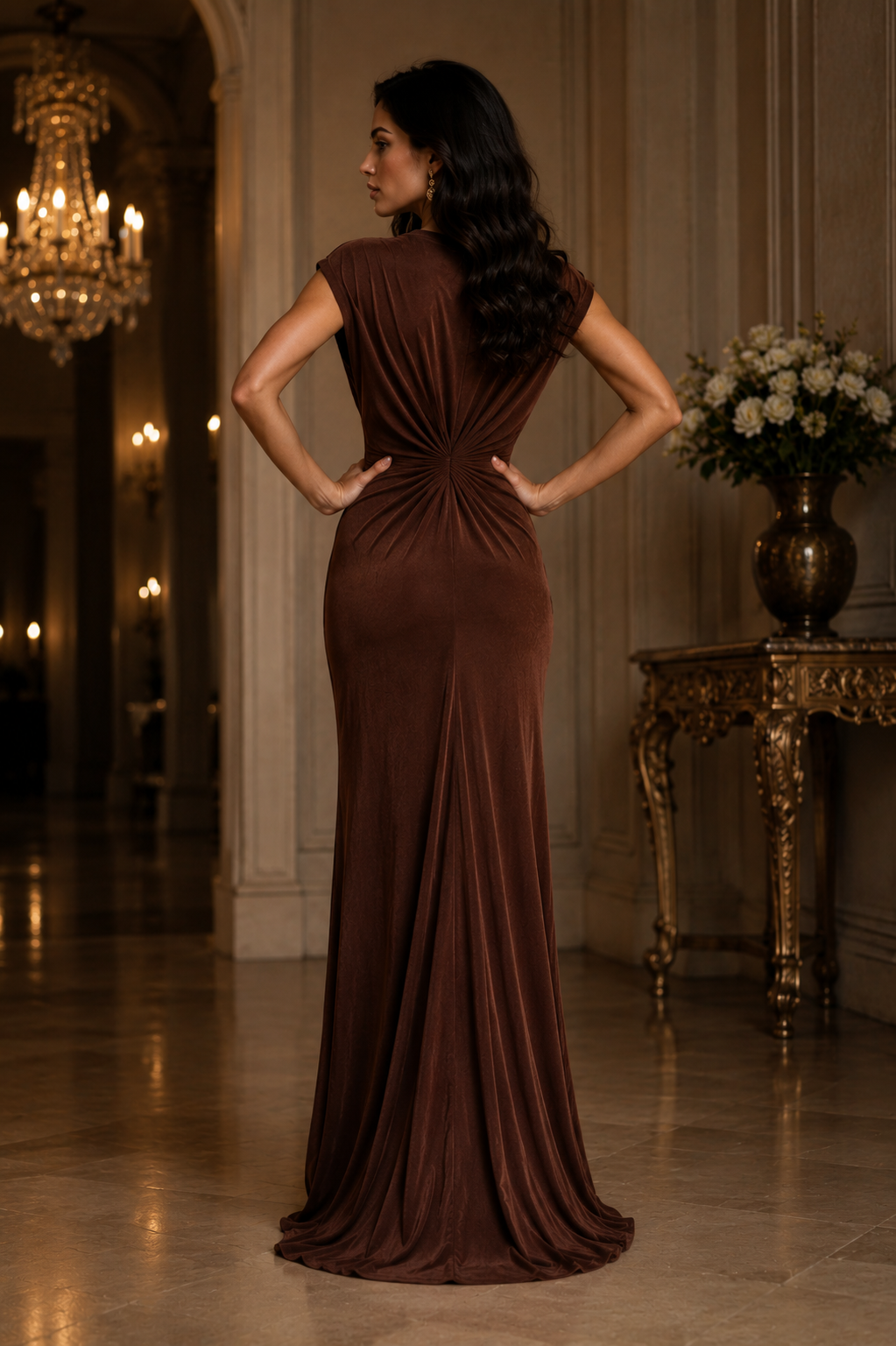 Flam Mode Luxe Drape Maxi Dress – Chocolate Brown