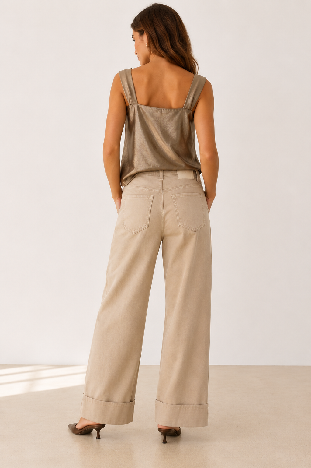 CTN Collection Satin Effect Ring Detail Top – Khaki | Style 25WT001#