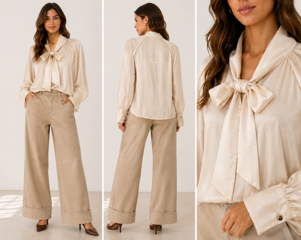 Made in Italy Oyster Pussy Bow Blouse – One Size