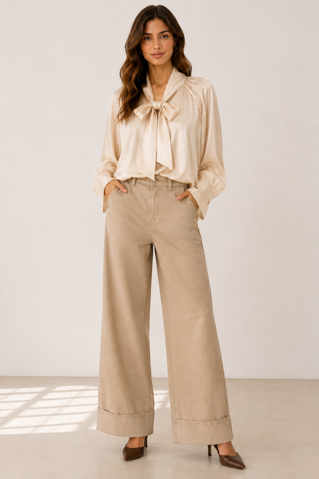 Made in Italy Oyster Pussy Bow Blouse – One Size