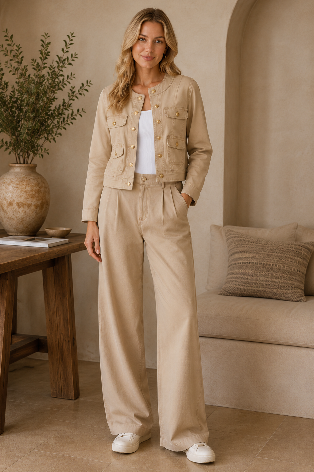 Amara Reya Beige Stretch Utility Jacket – Gold Button Cropped Jacket UK 10-16