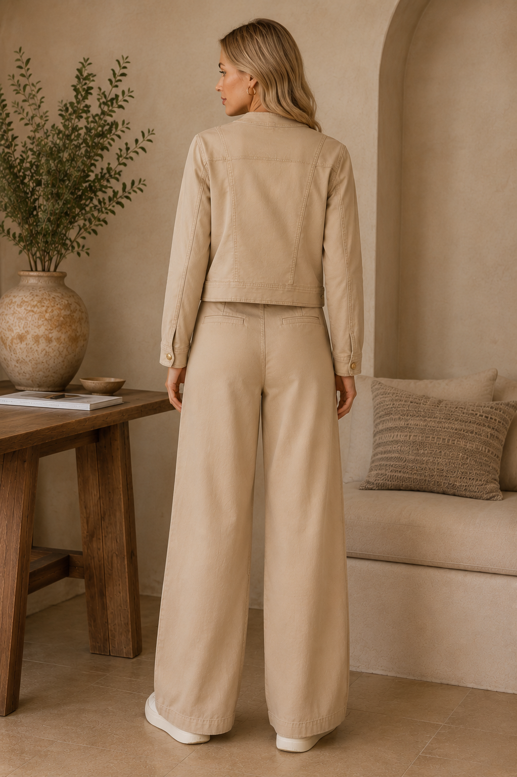 Amara Reya Beige Stretch Utility Jacket – Gold Button Cropped Jacket UK 10-16