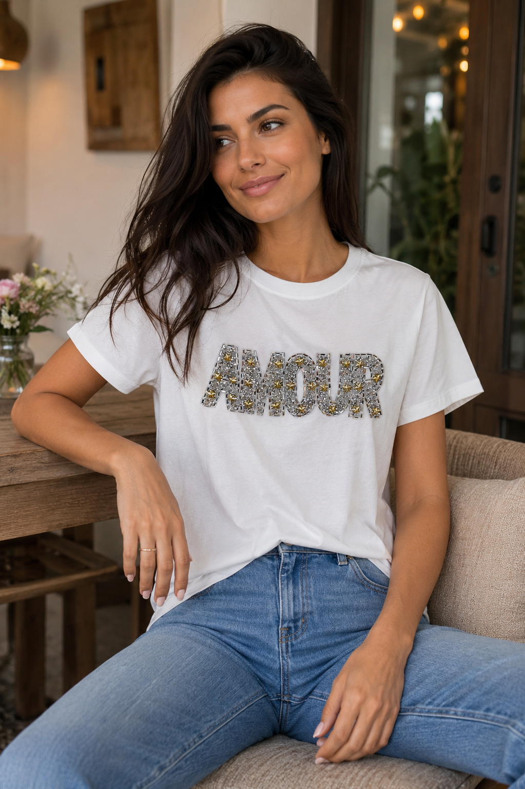 Miss Charm “AMOUR” Embellished T-Shirt – Black
