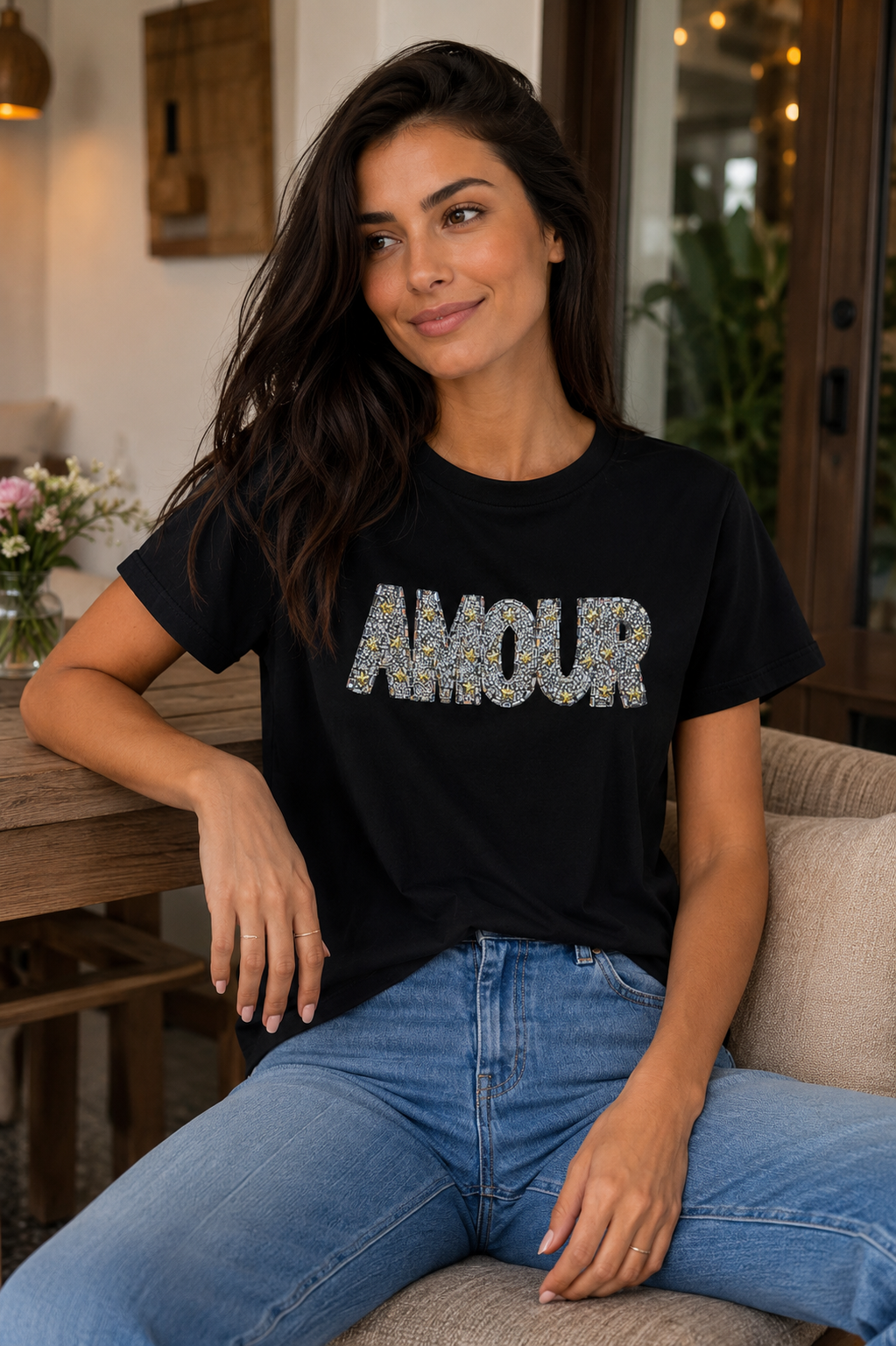 Miss Charm “AMOUR” Embellished T-Shirt – Black