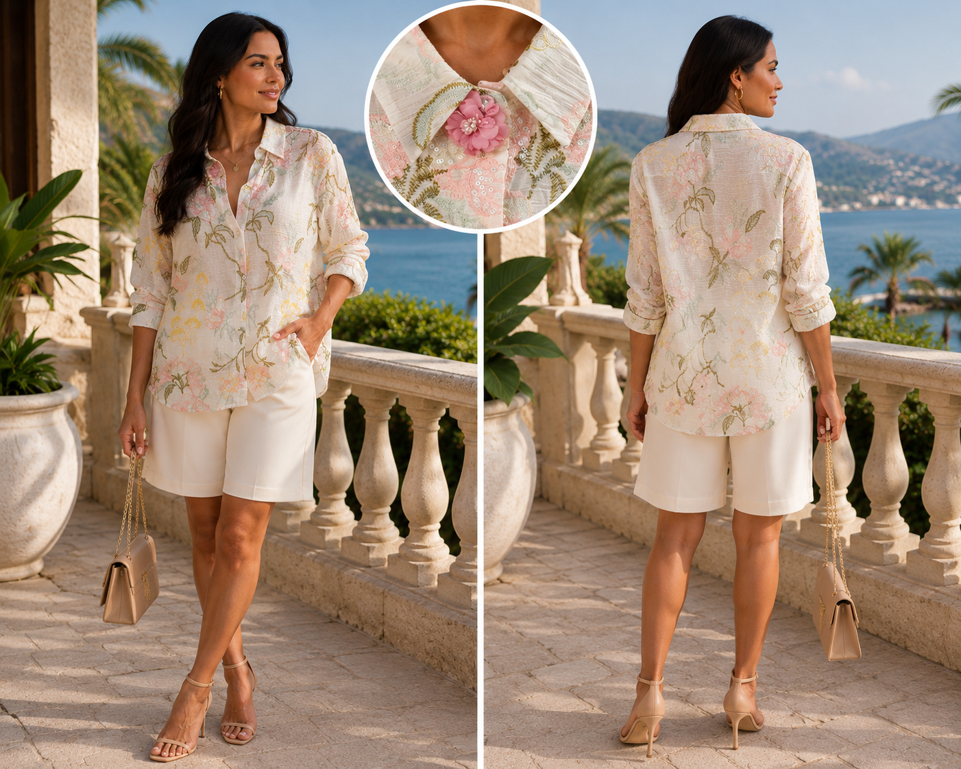 Golden Days Paris Embellished Floral Blouse – Sequin & Brooch Detail – S/M