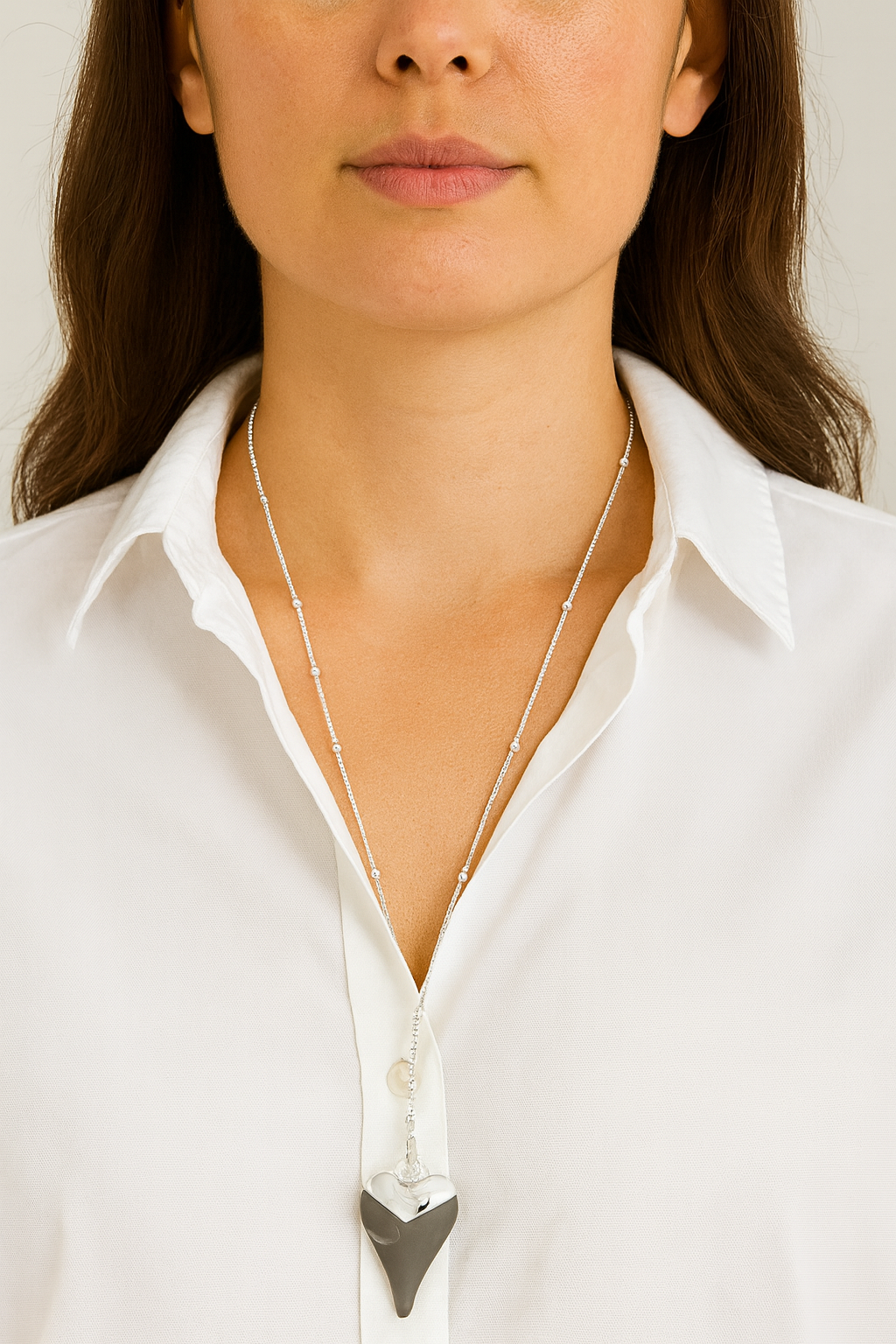 Envy Jewellery Long Silver Necklace with Grey Heart Pendant (Style 4514/SL/N/F)