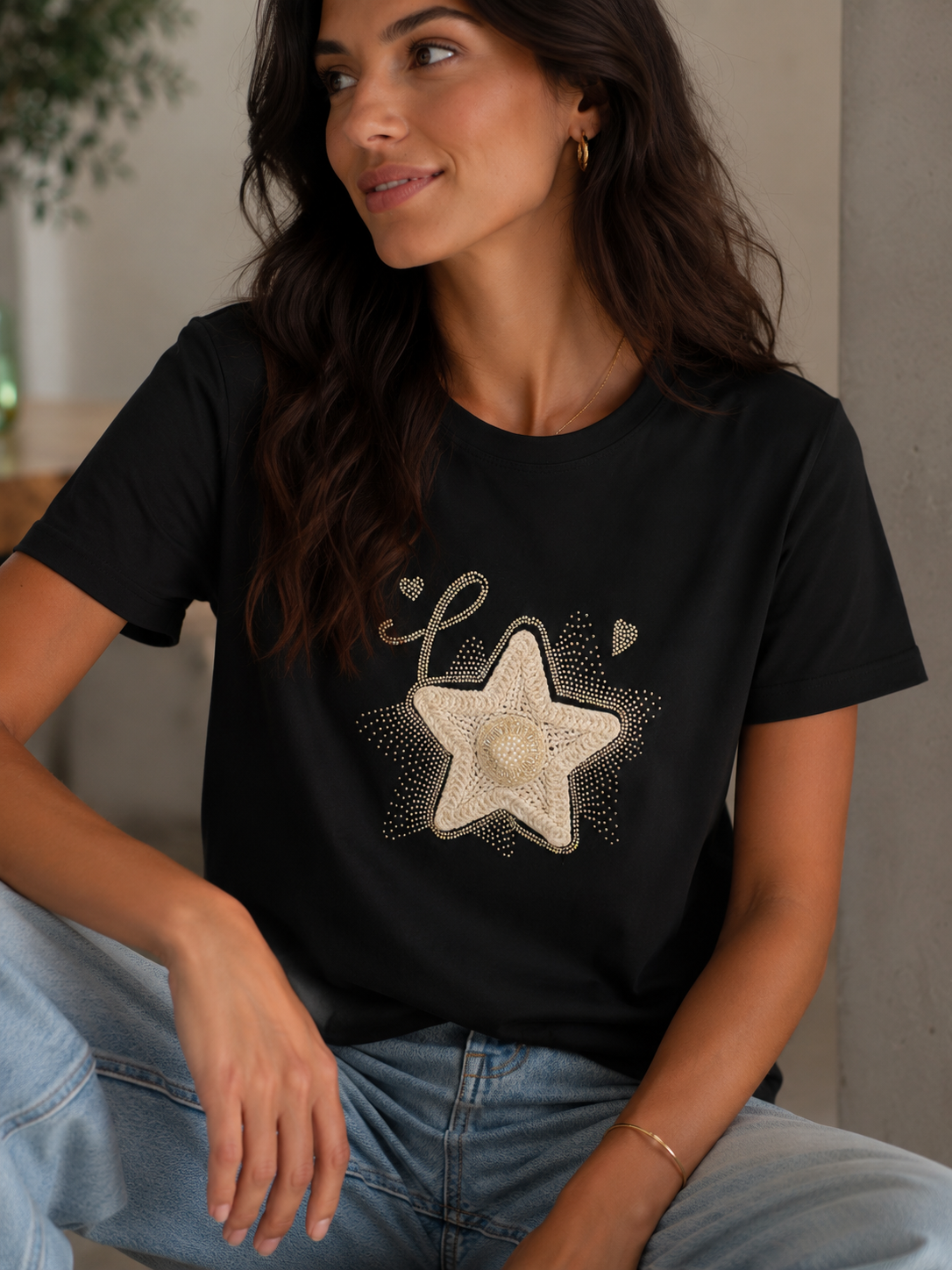 Miss Charm Crochet Star Embellished T-Shirt – Black or White