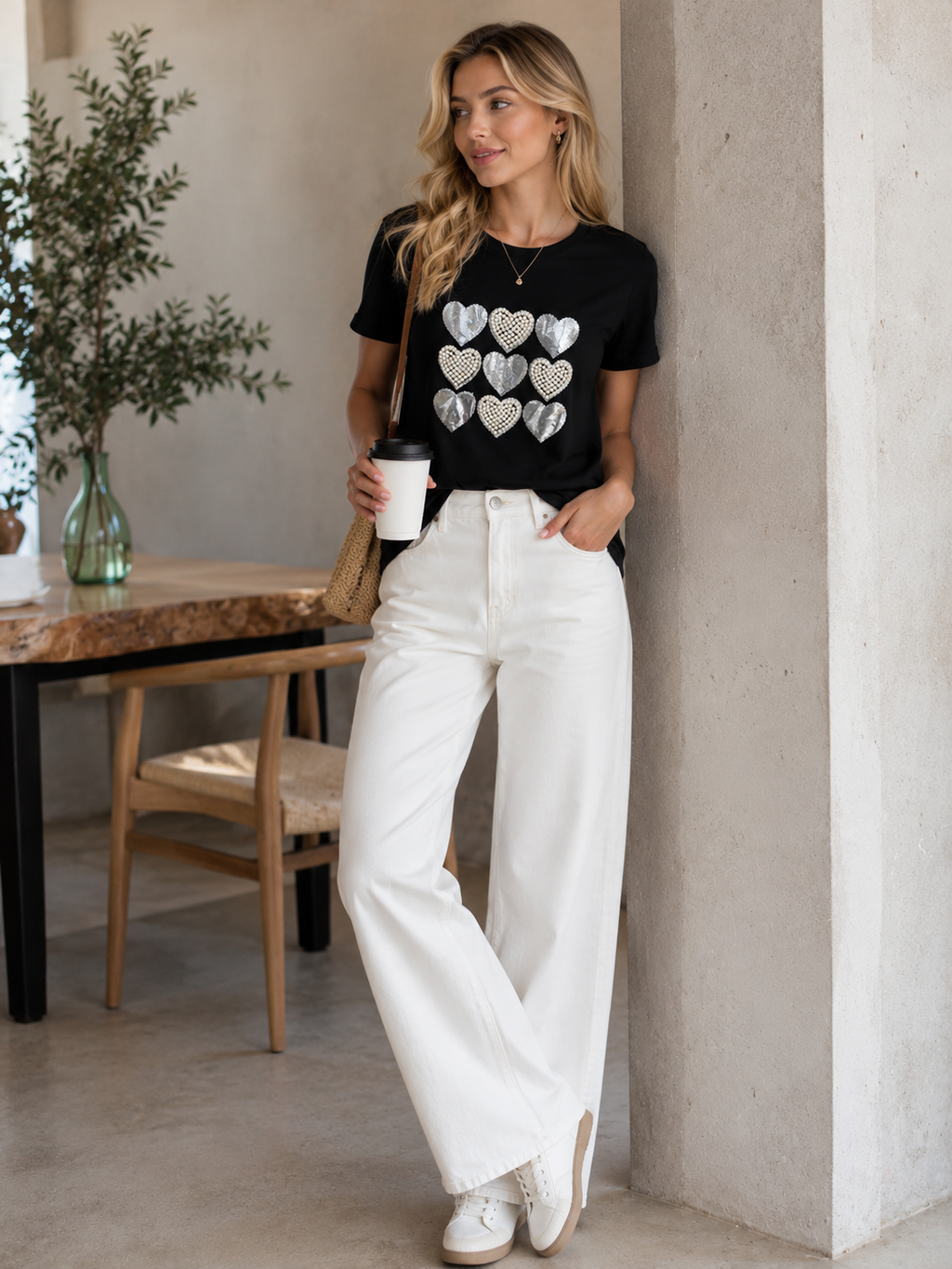Miss Charm Pearl & Sequin Heart T-Shirt – Black