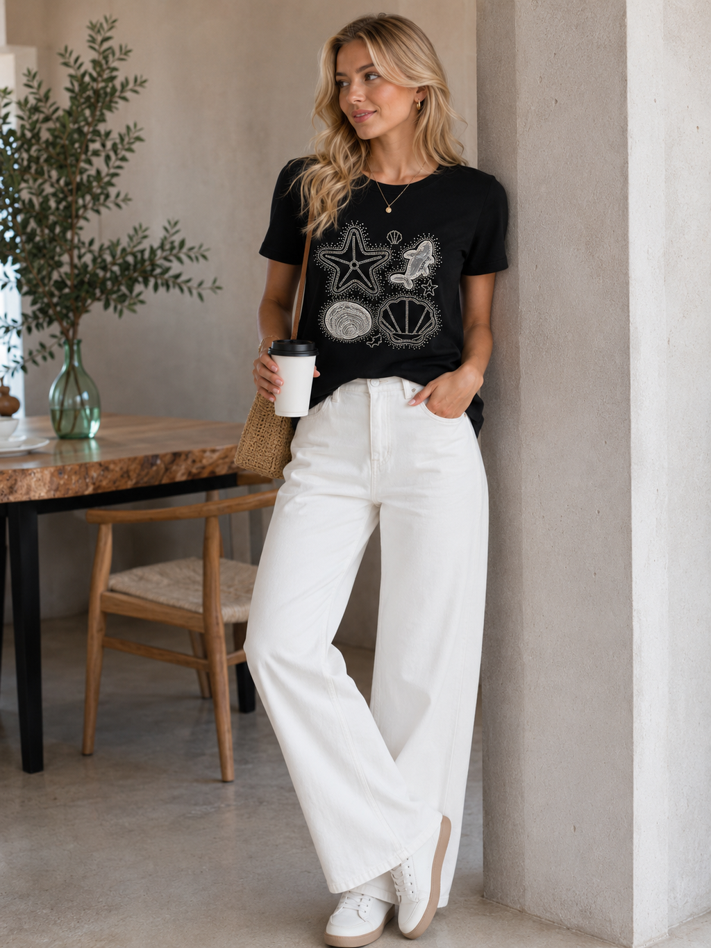 Miss Charm Coastal Embellished T-Shirt – Black or White
