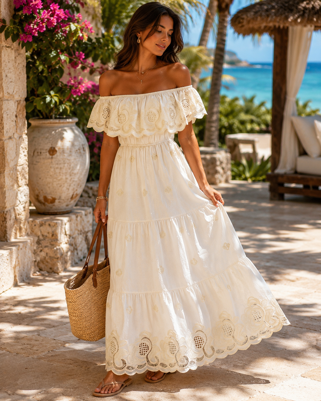 Miss Charm Off-the-Shoulder Embroidered Cotton Maxi Dress – Boho Resort Holiday Dress