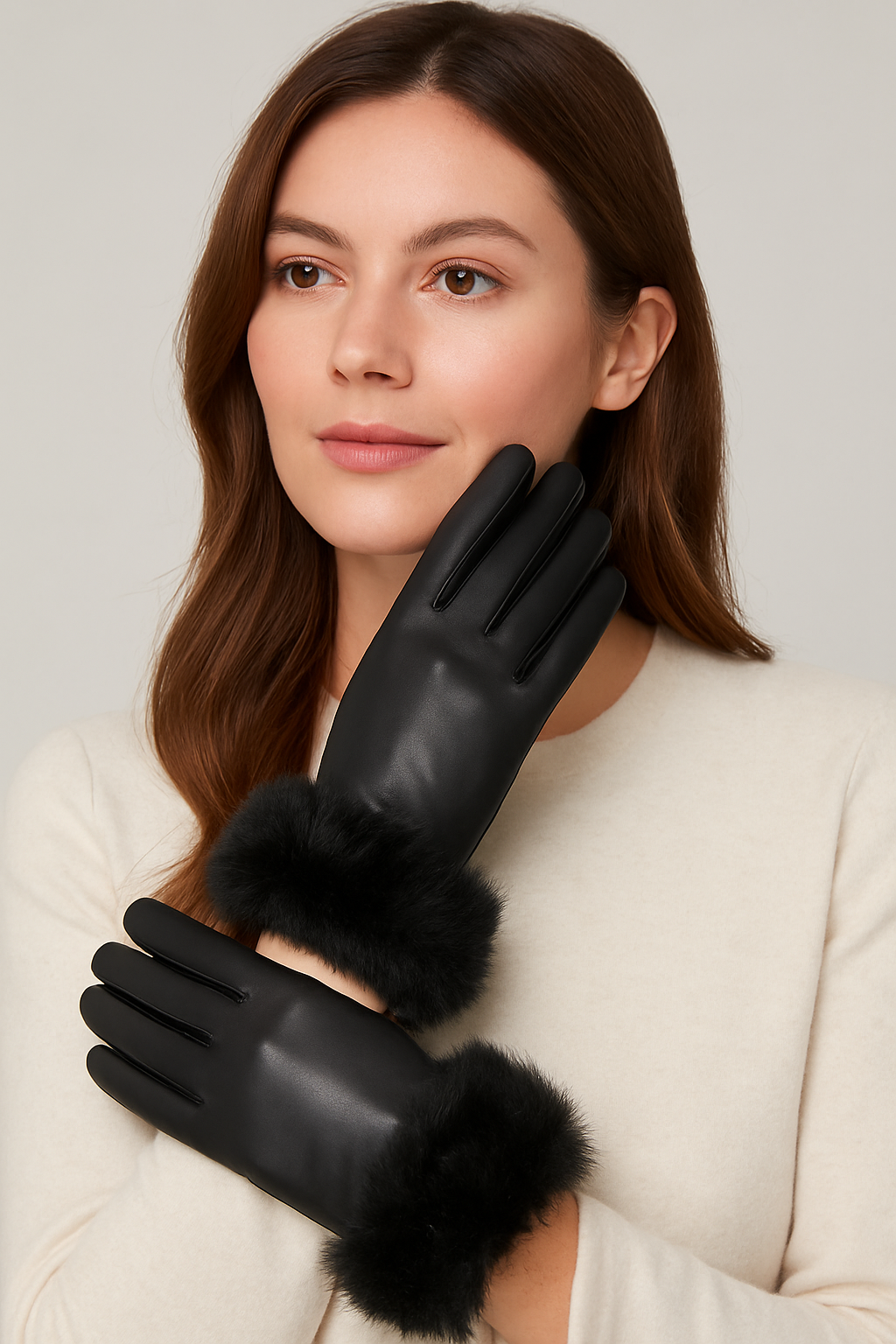 Frank Usher Black Leather Gloves with Faux Fur Trim