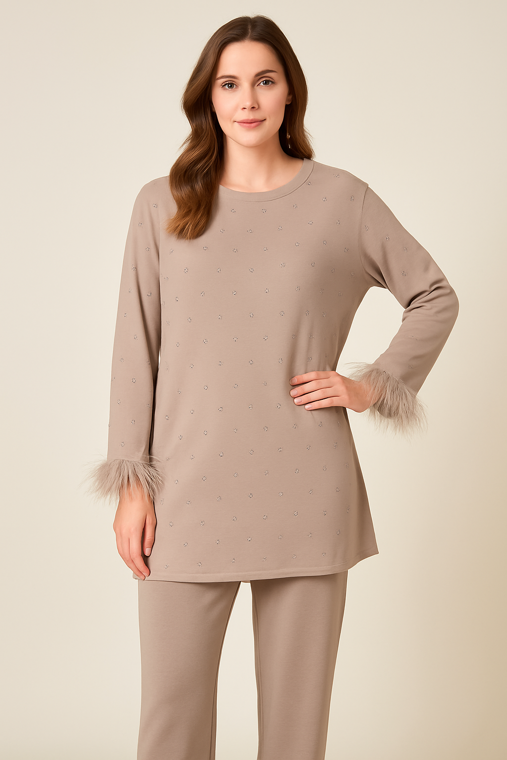 Malissa J WF2595/WF2484 Mushroom Set With Feather Trim Sleeves One Size