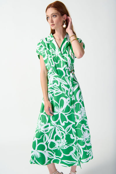 242030 Joseph Ribkoff Satin Floral Print Flowy Wrap Dress S/S 2024