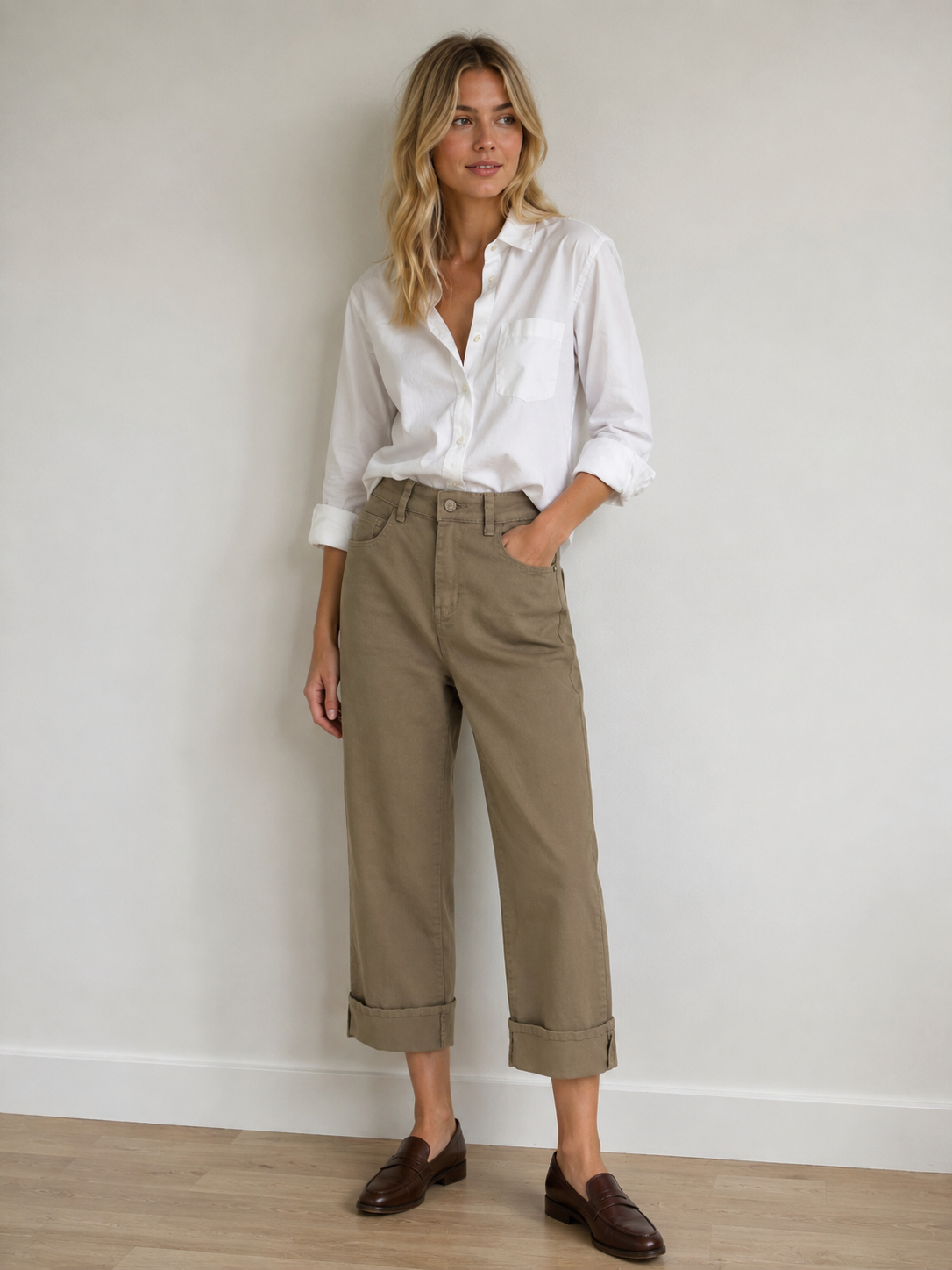Voggo Crop Beige Wide Leg Jeans – Beige