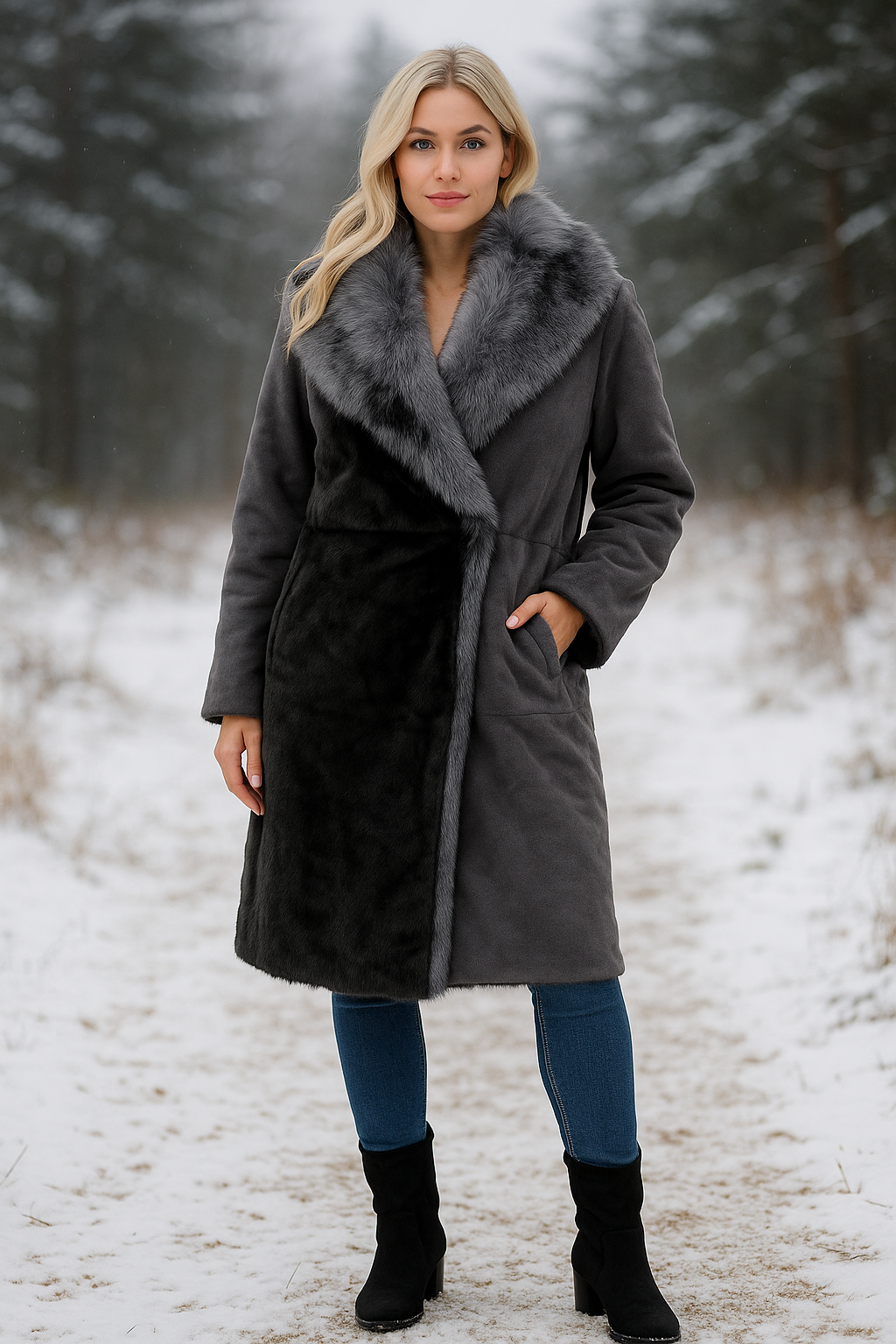 Malissa J Reversible Faux Fur Coat – Grey/Black (Style GC21345)