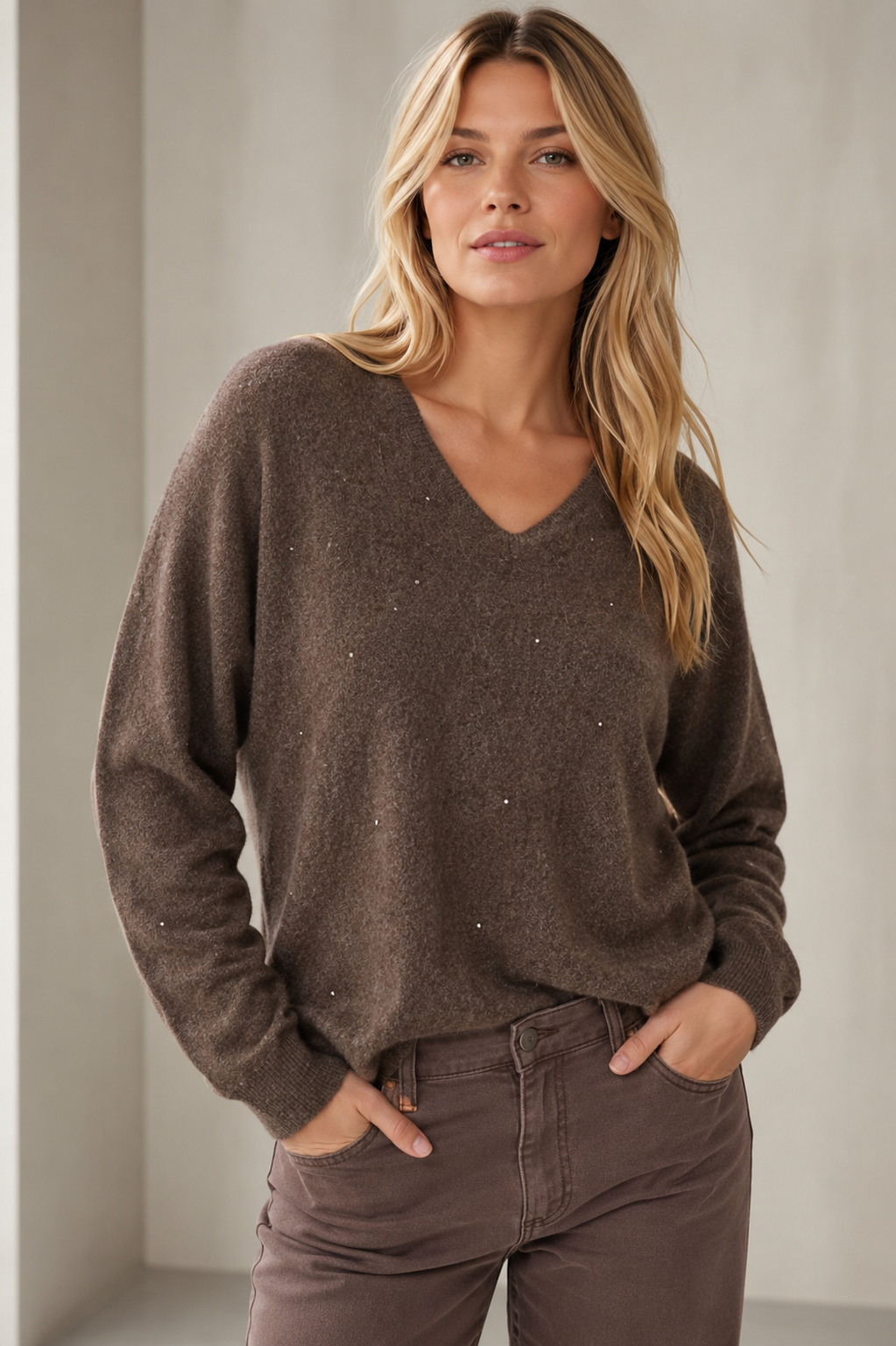 Joseph Ribkoff Cashmere Boxy Sweater With Rhinestone Detail
263940 Taupe Melange