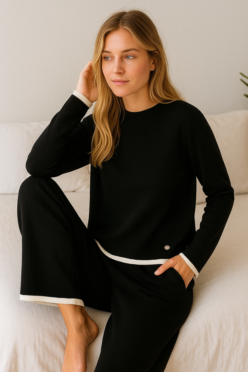 Contrast Trim Soft Touch Lounge Set Available in Black, Grey or Cream One Size