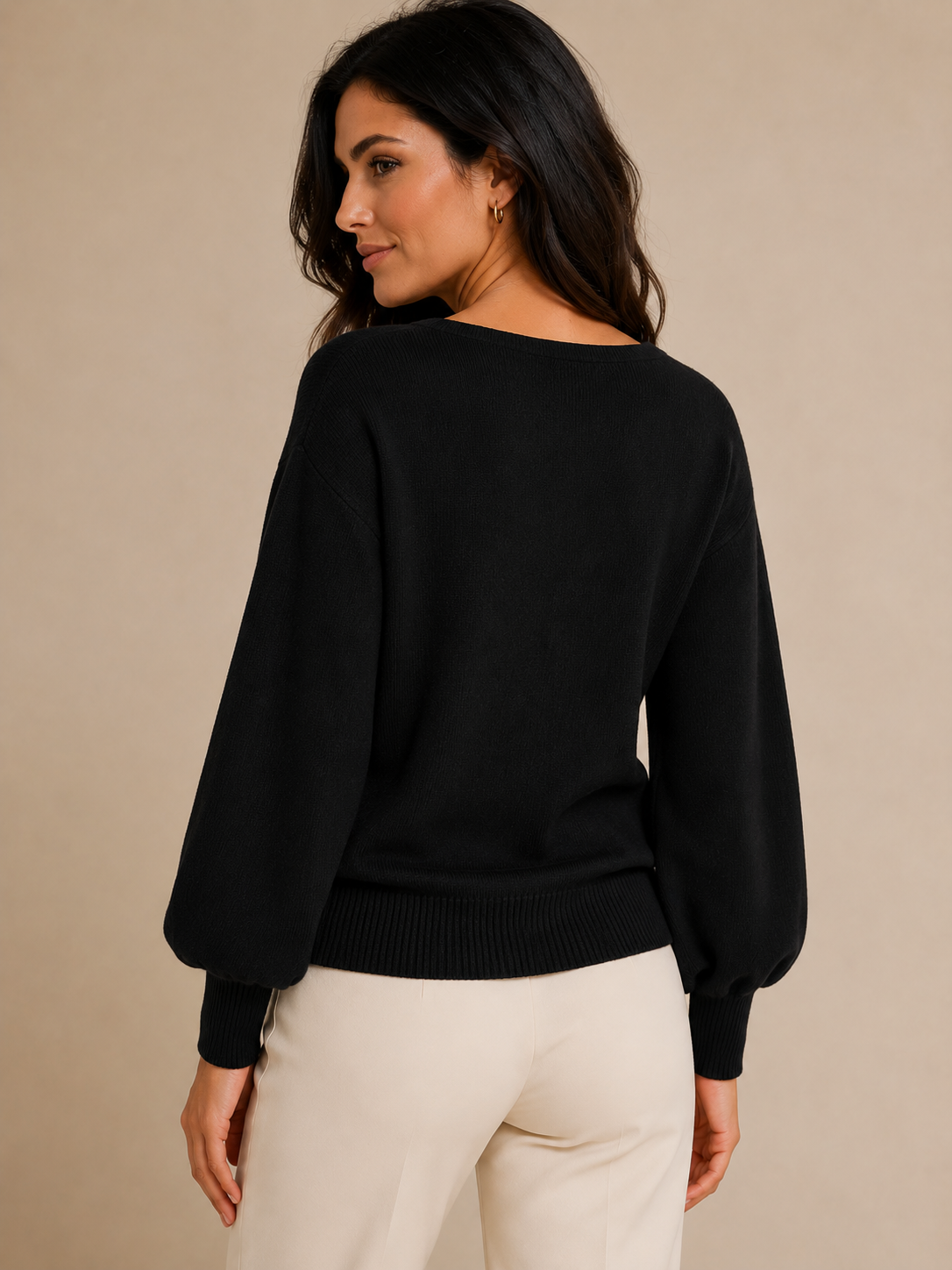 Alpini Black V-Neck Balloon Sleeve Sweater – Made in Italy - One Size
