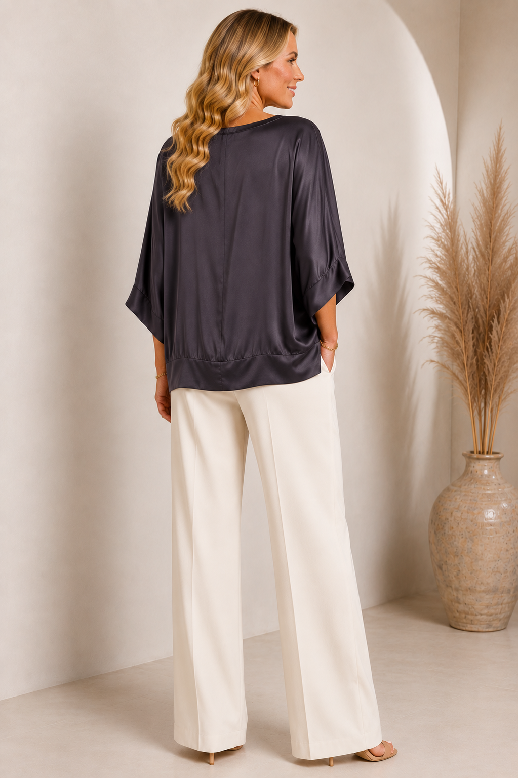 Tempest ST-PARISA02-CHOC Hi-Lo V-Neck Satin Feel Top – Chocolate Brown