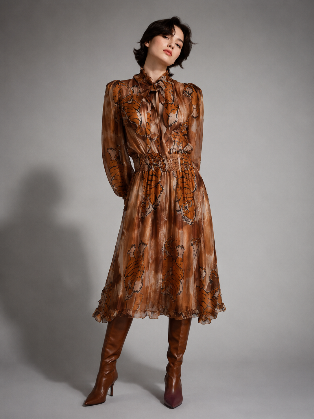 5 Progress Tiger Silk Mini Dress – Brown