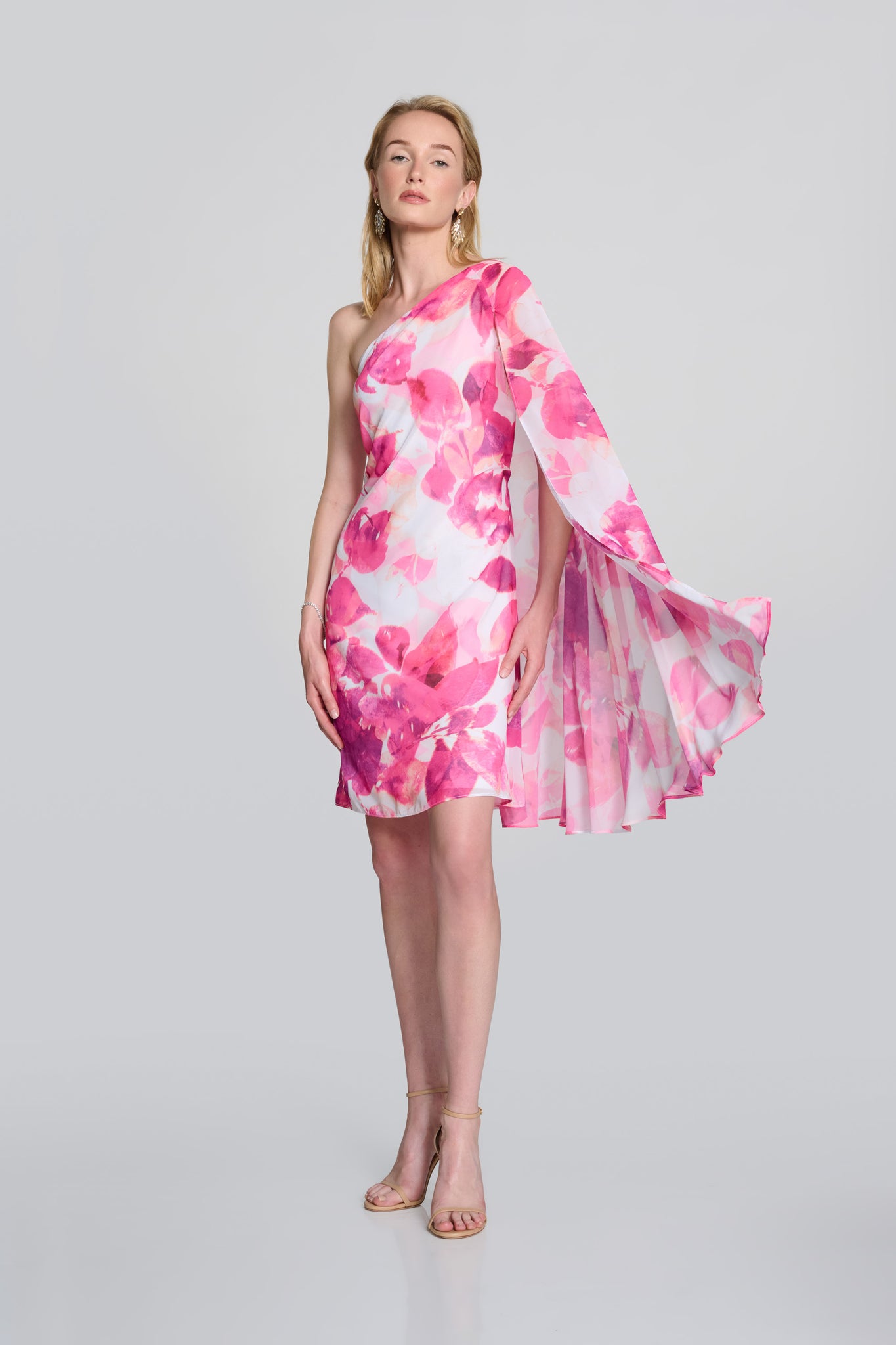 242716 Joseph Ribkoff Chiffon Floral One Shoulder Cape Dress