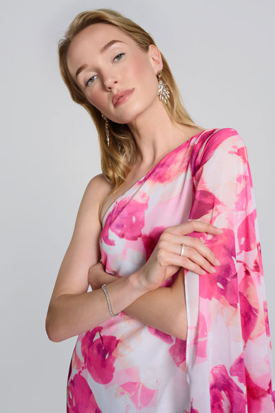 242716 Joseph Ribkoff Chiffon Floral One Shoulder Cape Dress