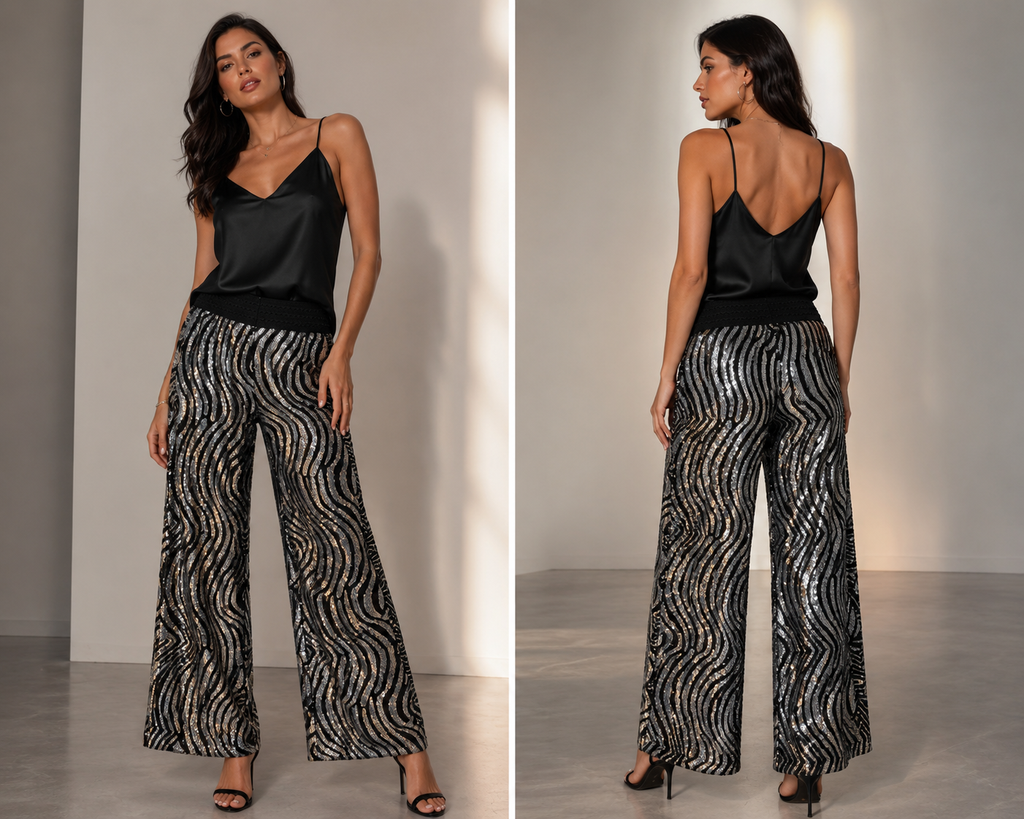 Malissa J Silver Stripe Sequin Wide Leg Pants – One Size