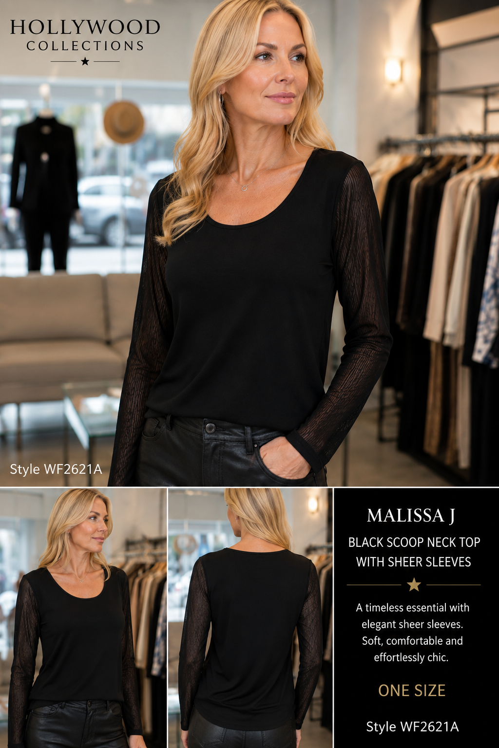 Malissa J Black Scoop Neck Top with Sheer Sleeves – One Size - style WF2621A