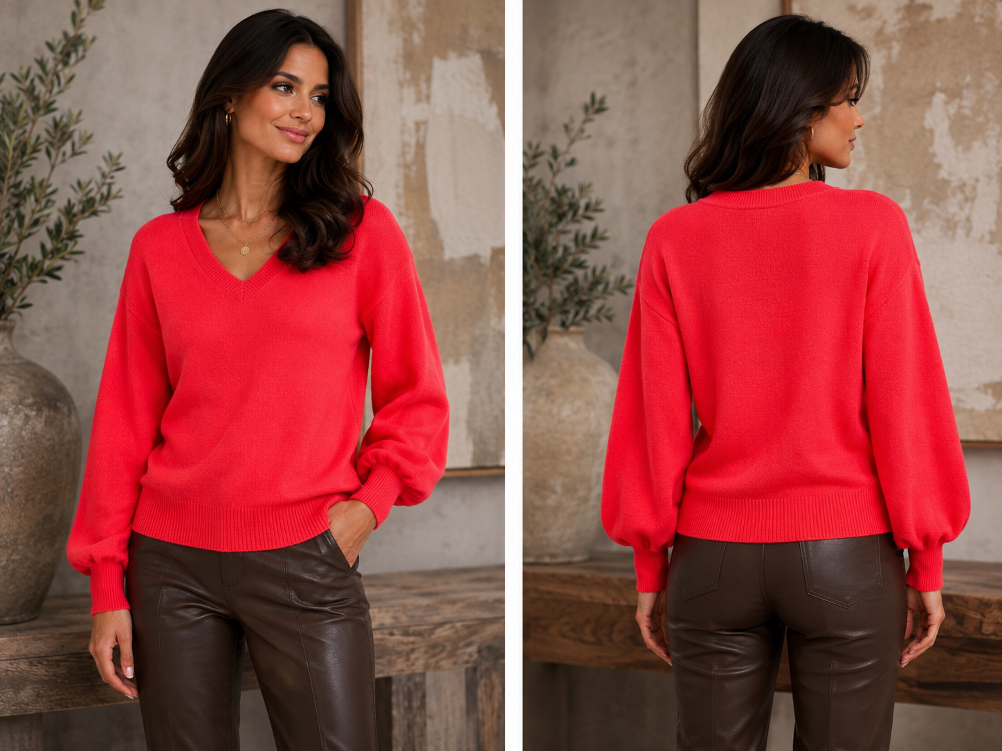 Alpini Balloon Sleeve V-Neck Sweater – Coral Red