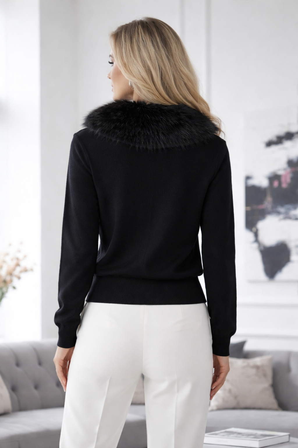 Flam Black Faux Fur Collar Cardigan