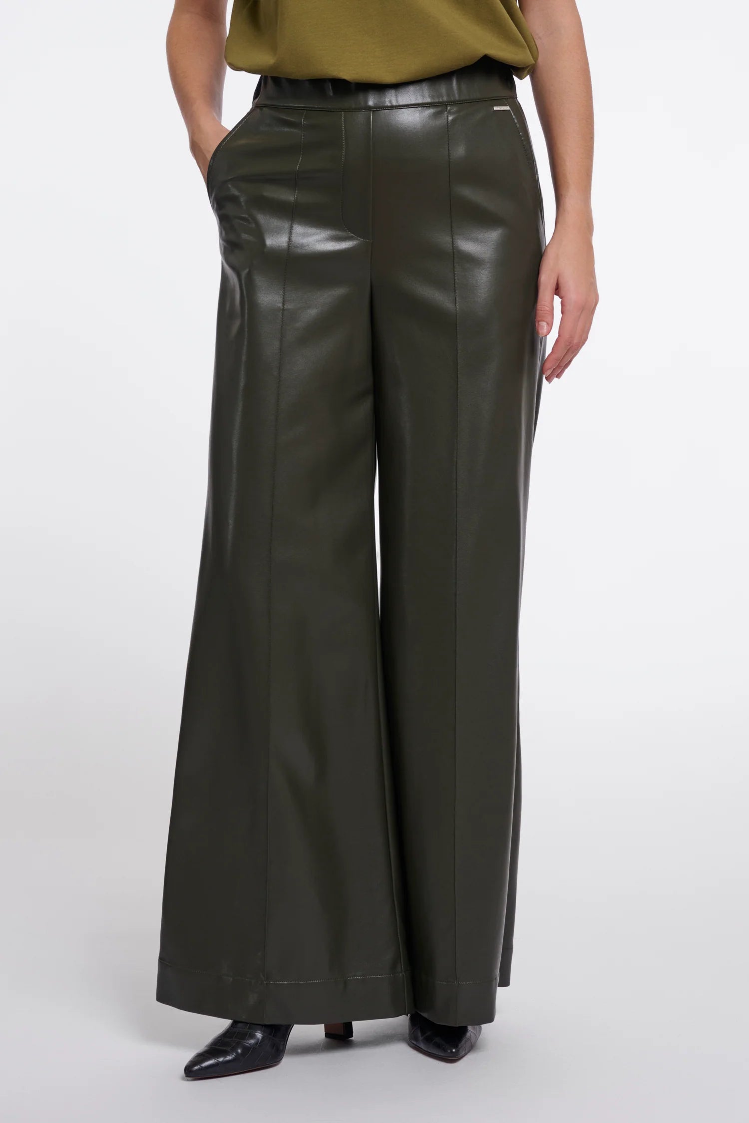 Rino & Pelle Therese Faux Leather Wide-Leg Pants – Hunter Green | Regular Length